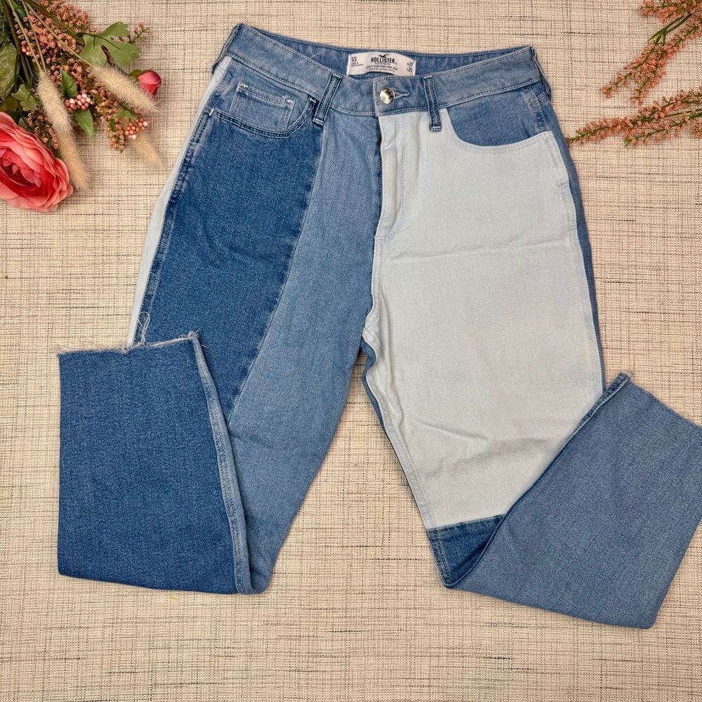 Hollister‎ Curvy High Rise Mom Vintage Stretch Jeans Patchwork Blue Size 5S 27